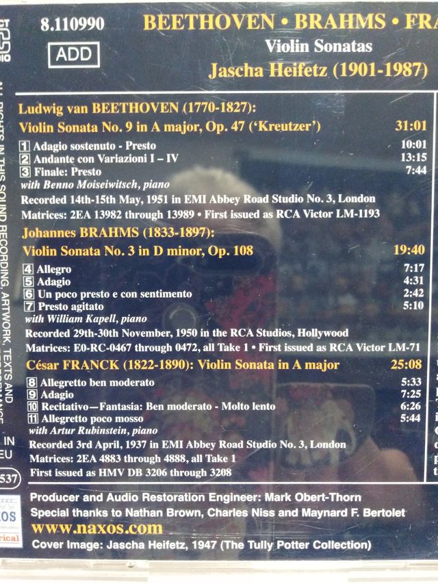 cd Sonatas para violín Jascha Heifetz