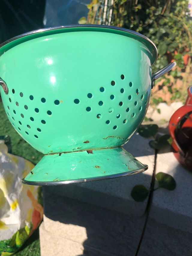 Antiguos colador y cacerola Vintage decoraz