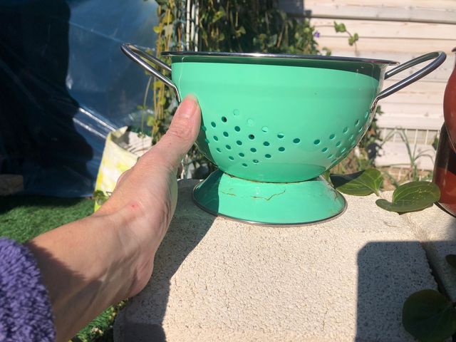 Antiguos colador y cacerola Vintage decoraz