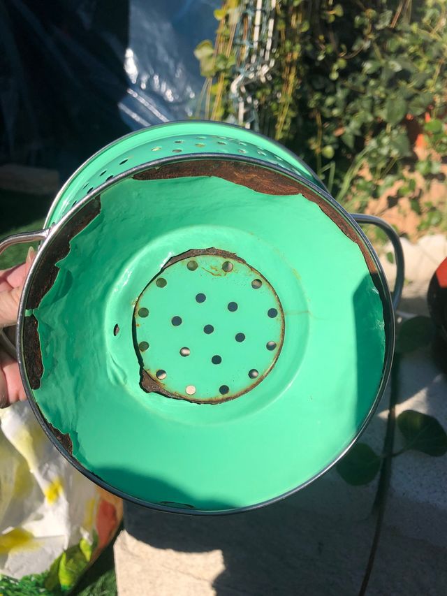 Antiguos colador y cacerola Vintage decoraz