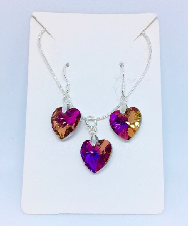 Conjunto corazón de cristal y plata