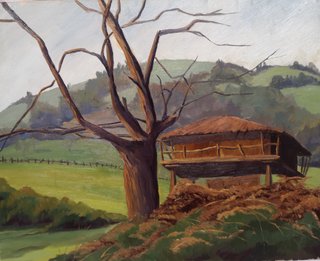 Cuadro oleo paisaje asturiano con horreo