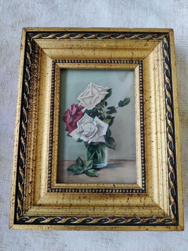 Quadro dipinto olio su tela, rose bianche, cornice