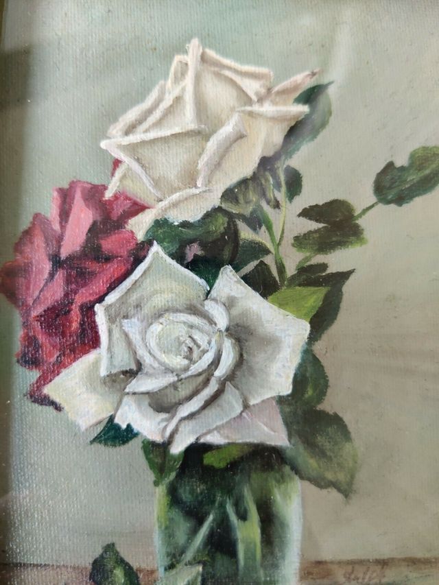Quadro dipinto olio su tela, rose bianche, cornice