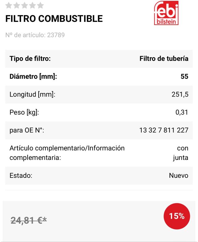 FILTRO GASOLINA PARA MINI /BMW