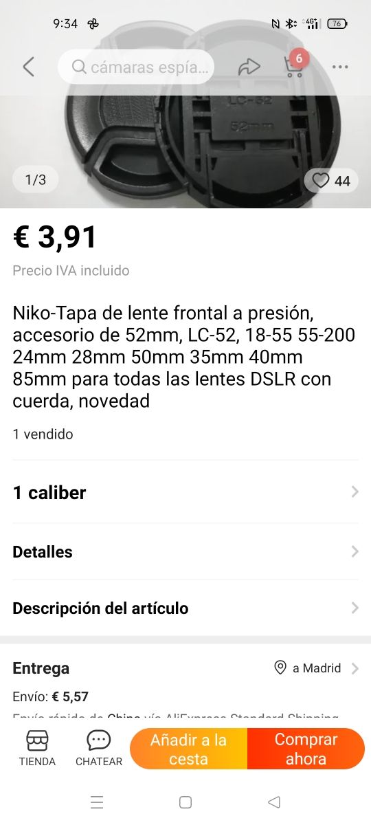 Objetivo.Tapa delantera Lc-52 52mm. Nikon, Canon.