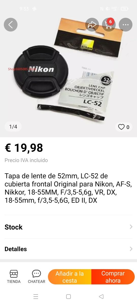 Objetivo.Tapa delantera Lc-52 52mm. Nikon, Canon.