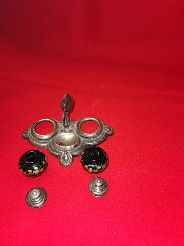 antiguo tintero de plata y cristal