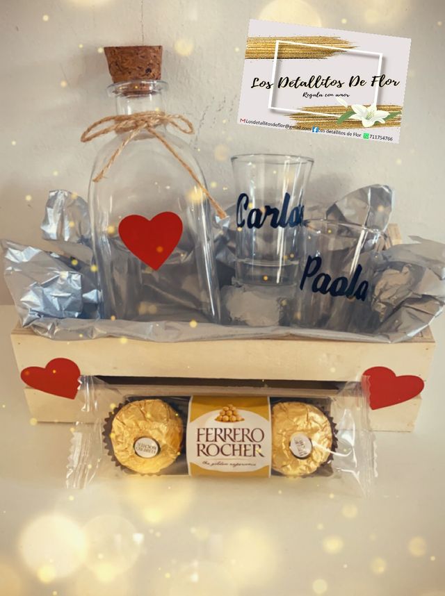 Cajita botella licor y vasos personalizados