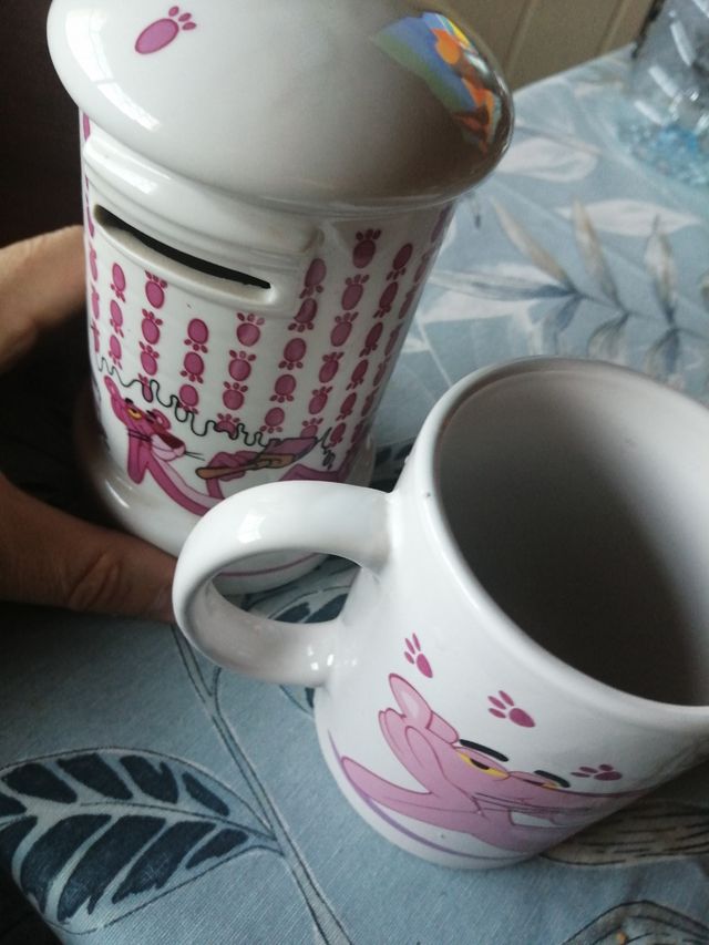Pantera Rosa Buzón Correos y taza cerámica Vintage