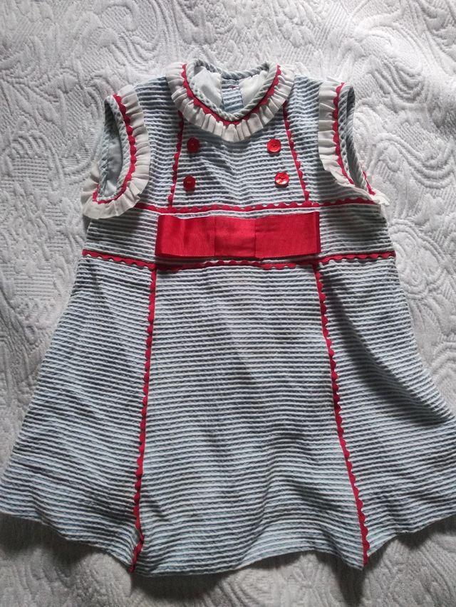 vestido niña celeste rayas y rojo talla w
