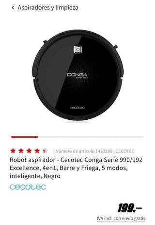 Opiniones 2022】 Robot aspirador - Cecotec Conga 3890 Vital 2300 Pa 10 Modos  de limpieza Wi-Fi 150 min 64 dB Negro