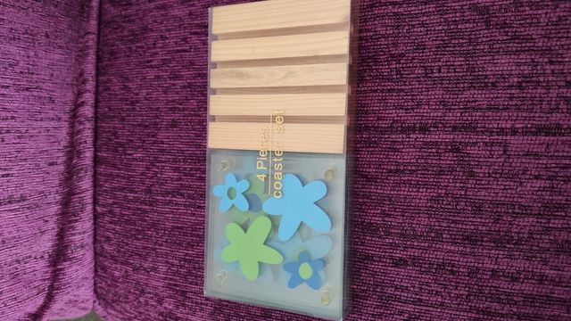 4 posa vasos cristal y soporte madera