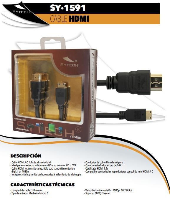 Cable Mini HDMI 1,8m. de Alta Gama, Chapado en Oro