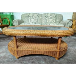 Mesa vintage mimbre restaurada con cristal espejo