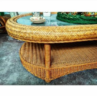 Mesa vintage mimbre restaurada con cristal espejo