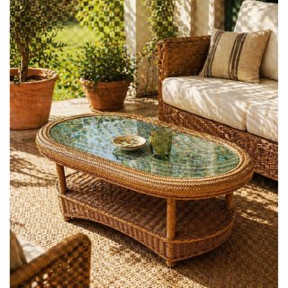 Mesa vintage mimbre restaurada con cristal espejo
