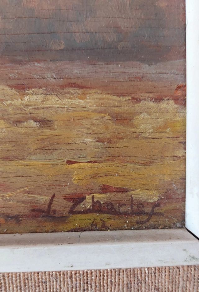 Lote oleo antiguo tabla, I. Charles y bandeja