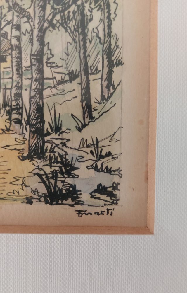 Lote Dibujo enmarcado firma F. Marti' y plato