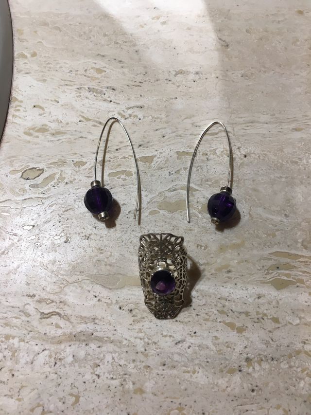 Pendientes y anillo plata y amatista
