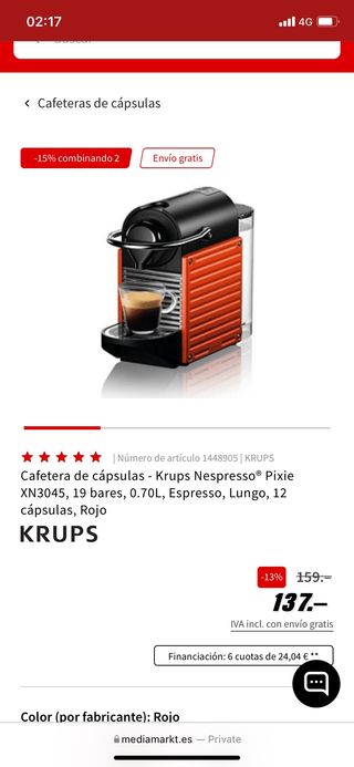 Nespresso krups pixie roja de segunda mano por 50 EUR en Madrid en WALLAPOP