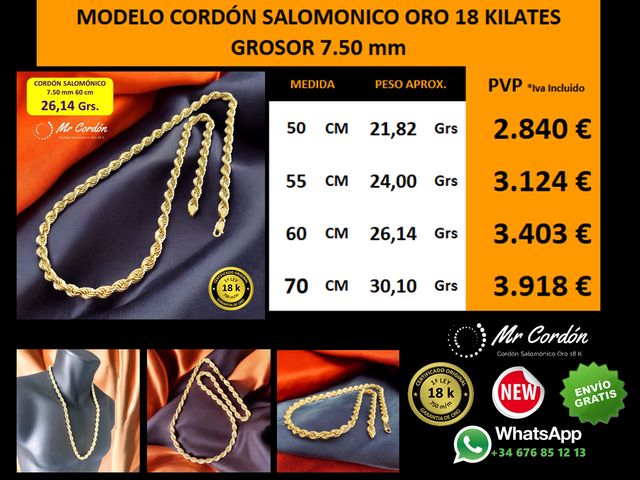 Collar Cordón Salomónico 7.50 mm Oro 18 Kilates