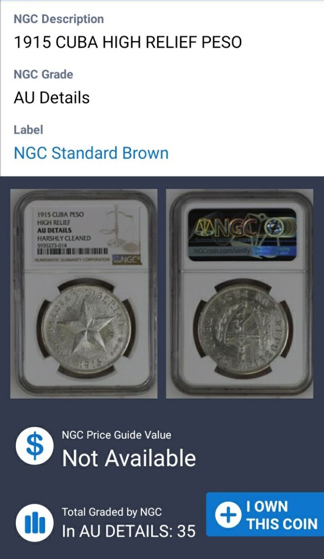 1 Peso de Cuba "STAR " 1915 en Alto Relieve.NGC.