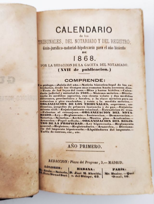Libro antiguo de 1868: "Calendario jurídico..."