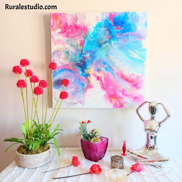 Cuadro abstracto original, rosa y azul