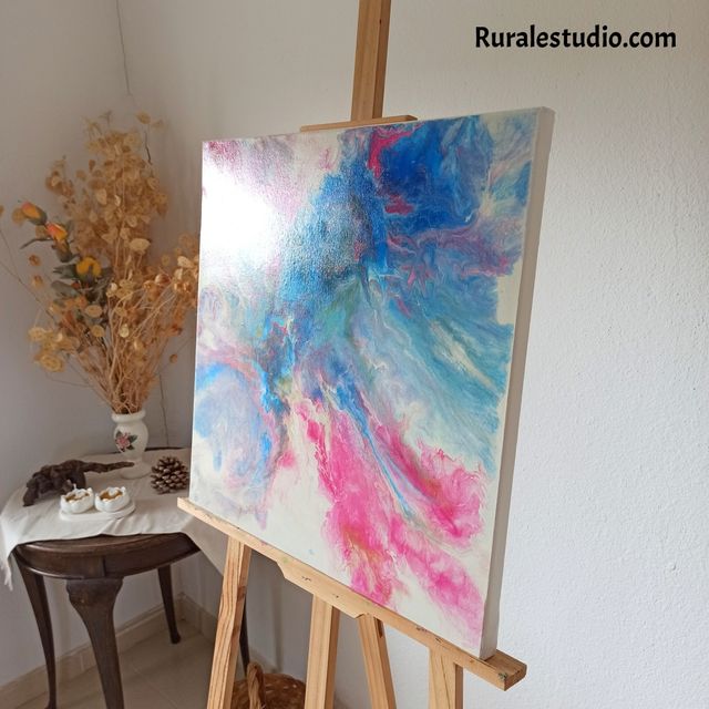 Cuadro abstracto original, rosa y azul
