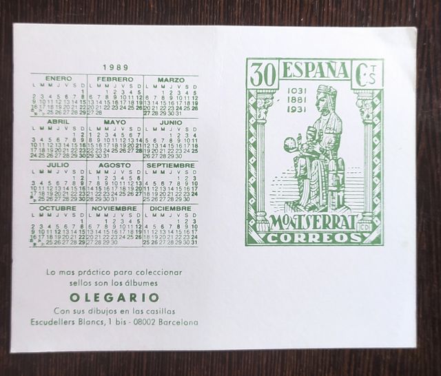 calendario de bolsillo olegario año 1989