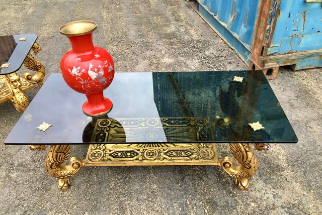 2 MESAS BAJAS CRISTAL CON DRAGONES ESTILO ORIENTAL