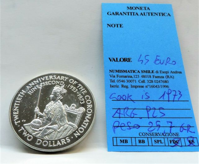 MONETA ARGENTO 2 DOLLARI ISOLE COOK 1973