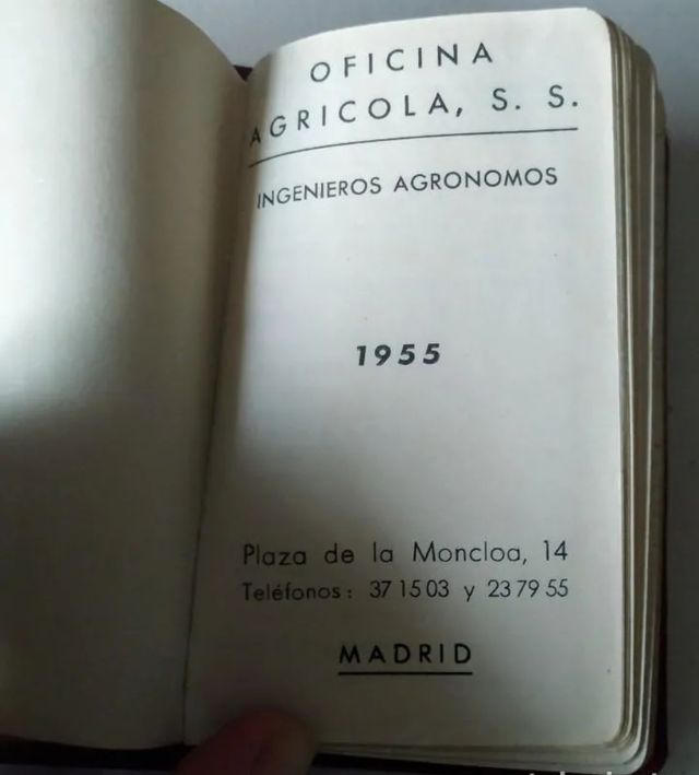 Agenda 1955, oficina agrícola. Agrónomos. Piel