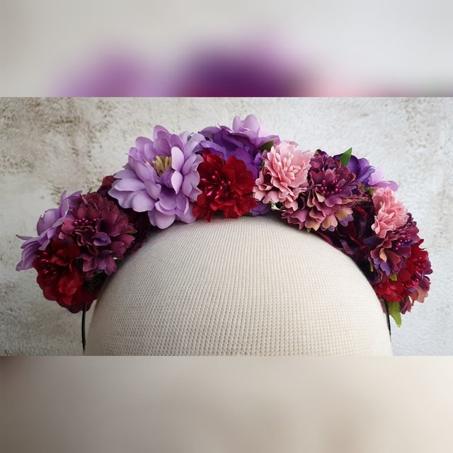 Corona flores morados, burdeos y rosa