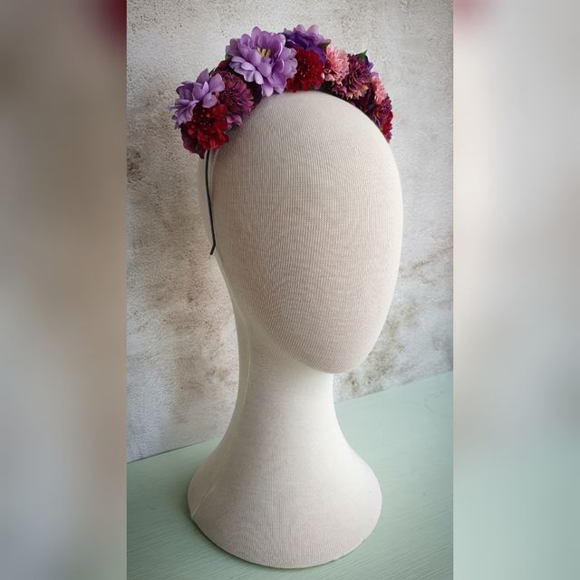 Corona flores morados, burdeos y rosa