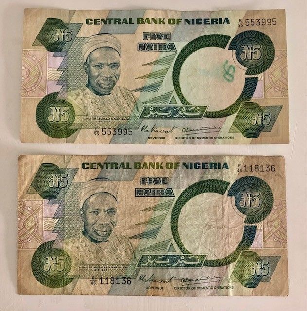 DOS Billetes de NIGERIA, FIVE NAIRA, 1979.