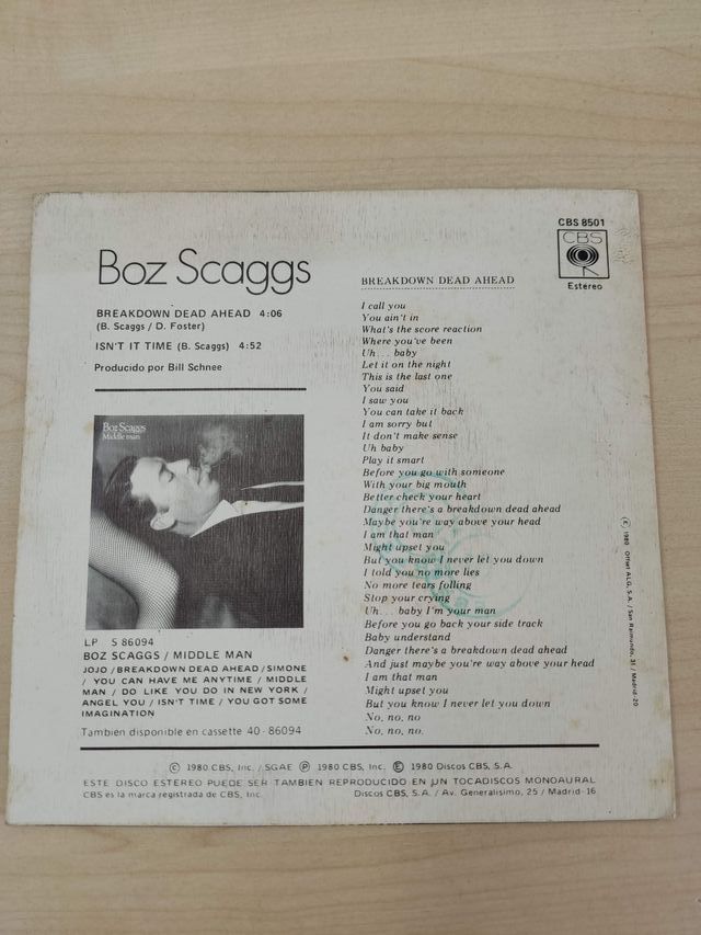 SINGLE BOZ SCAGGS - BREAKDOWN DEAD AHEAD