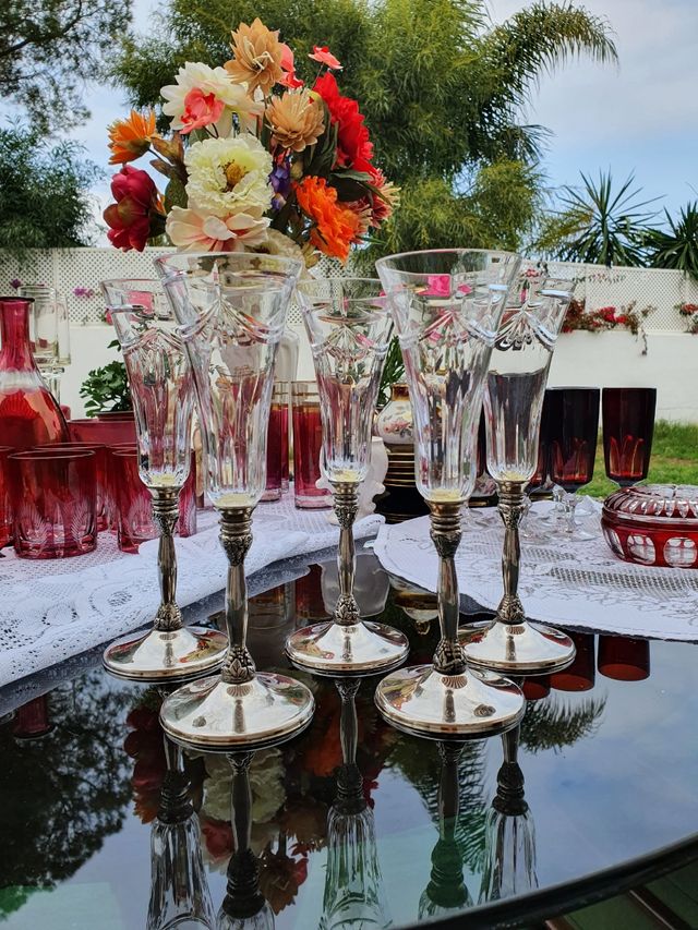 Copas 5pz. antigua, cristal tallado, metall