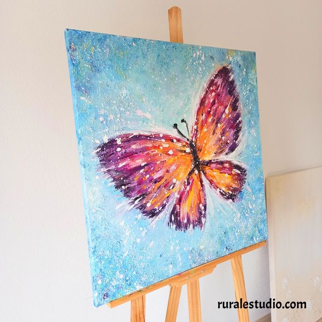 Cuadro original pintado a mano, Mariposa azul