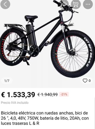 Fat bike eléctrica 48v 750w 21ah con 25kms de segunda mano por 1.200 EUR en  Mazagon en WALLAPOP