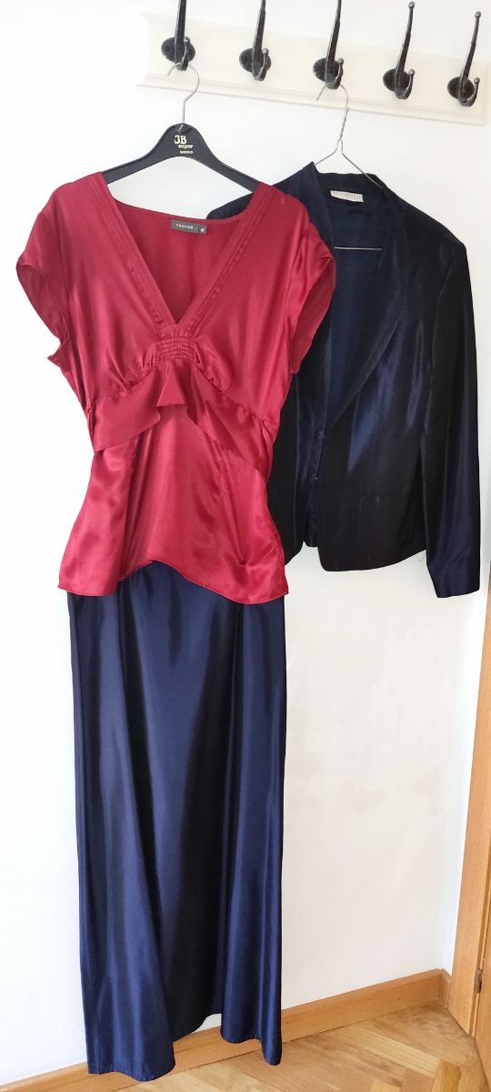 Conjunto falda y chaqueta raso y camisa seda