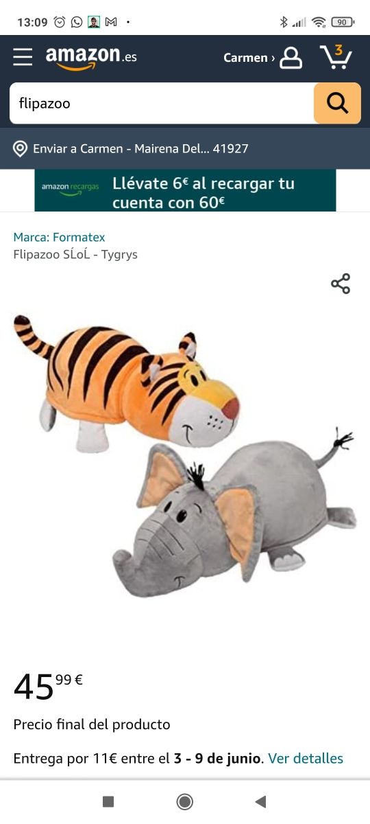 Peluche Flipazoo reversible tigre elefante