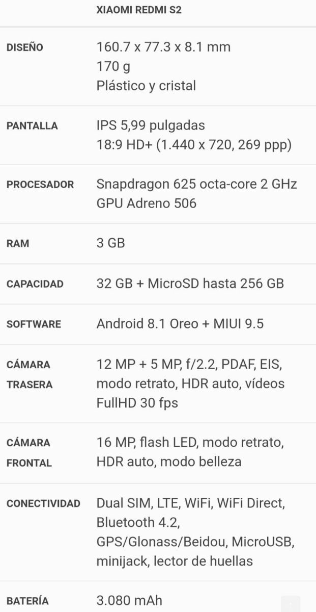 Móvil Xiaomi Redmi S2