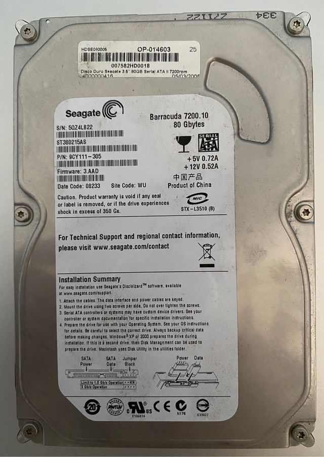 Disco rigido SATA da 80 GB a 7.200 rpm, Seagate Barracuda