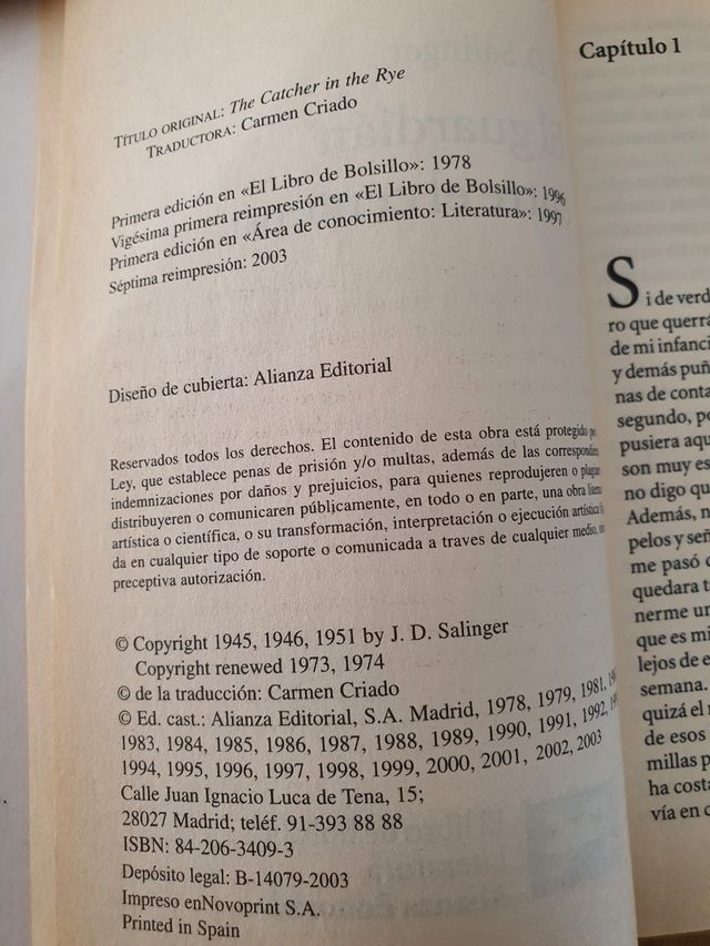 Libro El guardián entre centeno J.D.Salinger