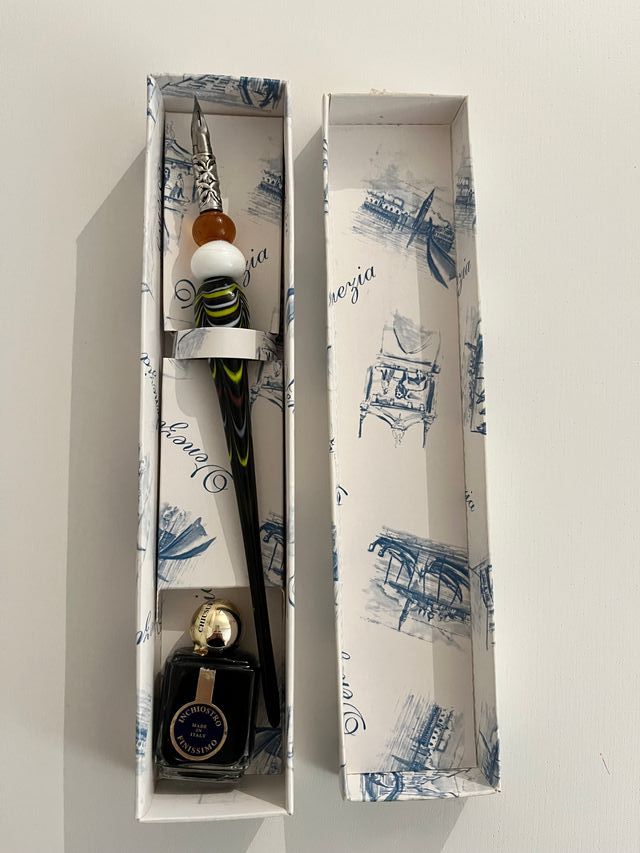 Pluma de Cristal con Tinta y Caja- MURANO ITALIA -