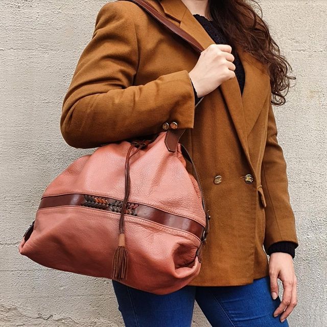 Borsa a secchiello a spalla in vera pelle vintage
