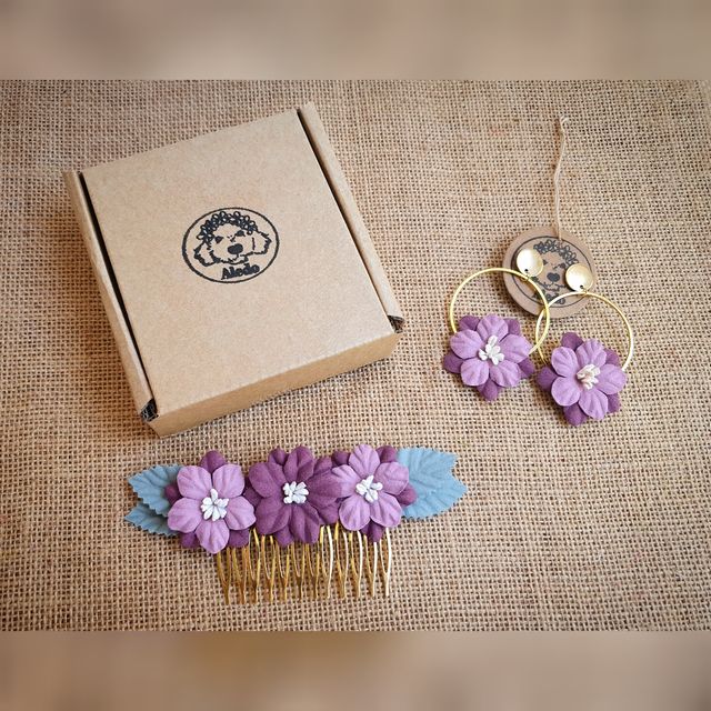 Conjunto peinecillo y pendientes lila y malva