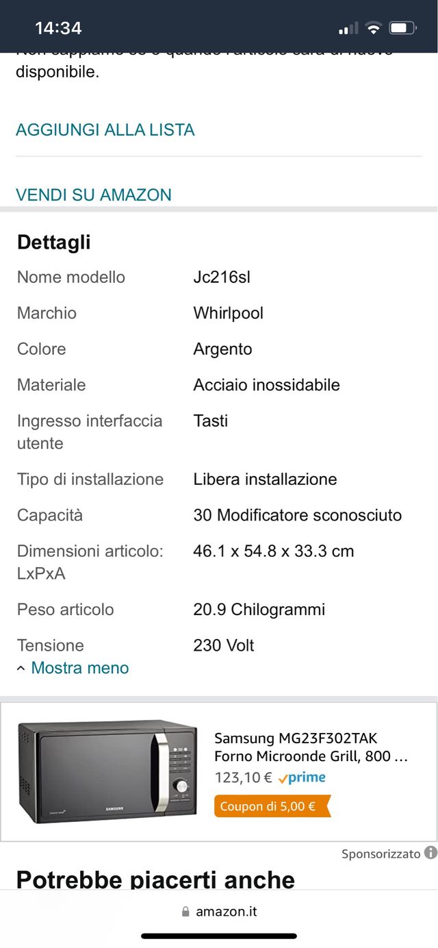 Forno microonde funzione CRISP e Grill